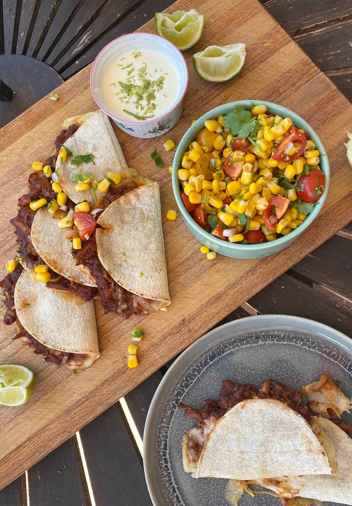 pulled chicken tacos with sweetcorn salsa