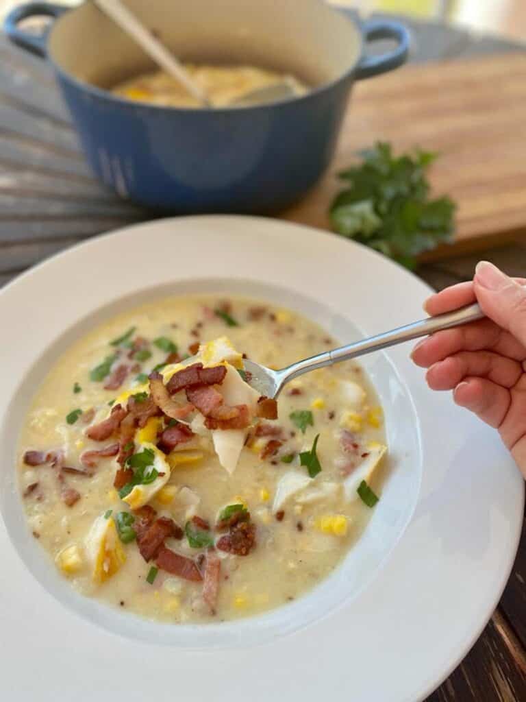a hot bowl of smoked haddock and corn chowder
