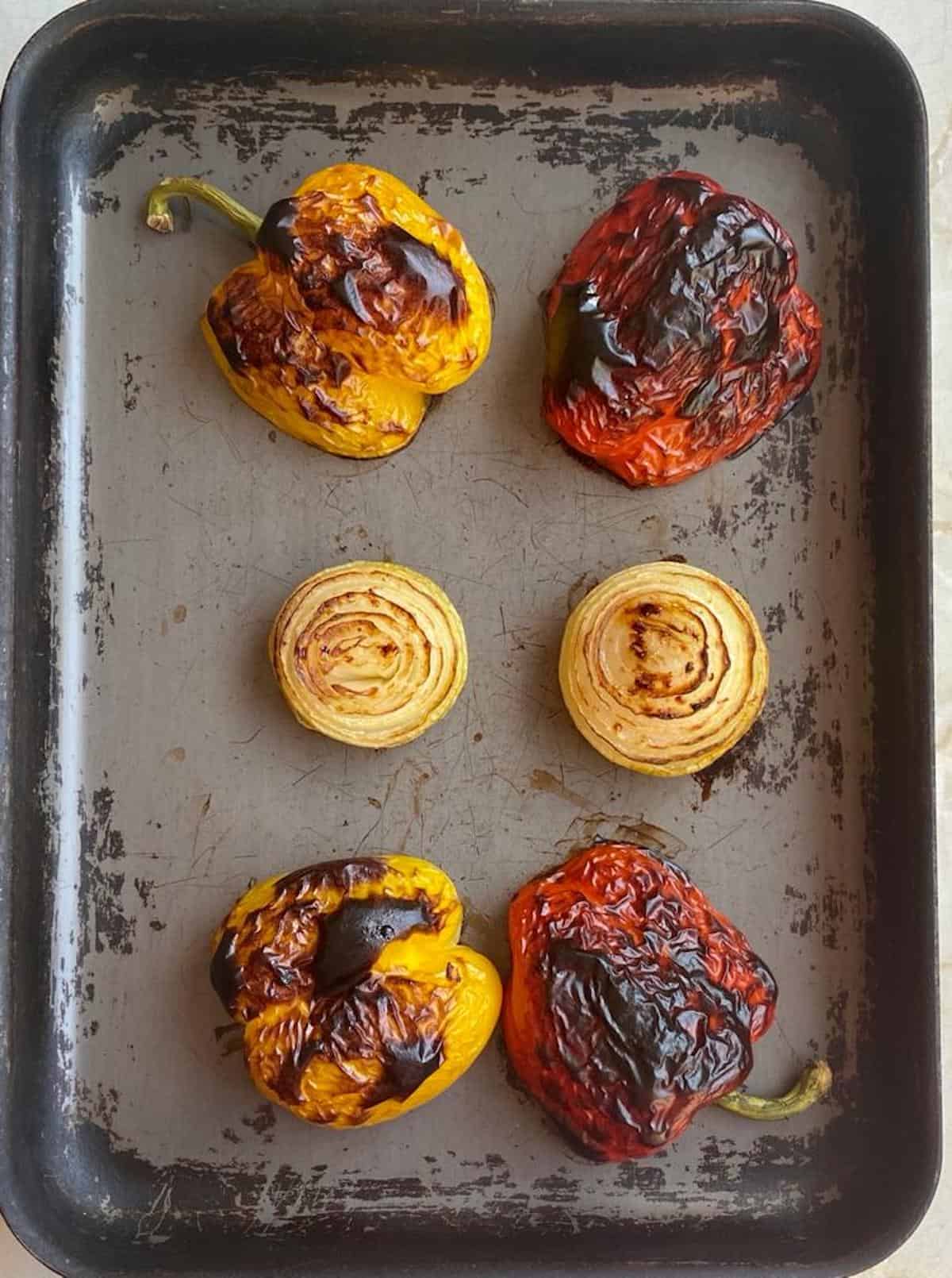 charred bell pepper and onion after roasting 