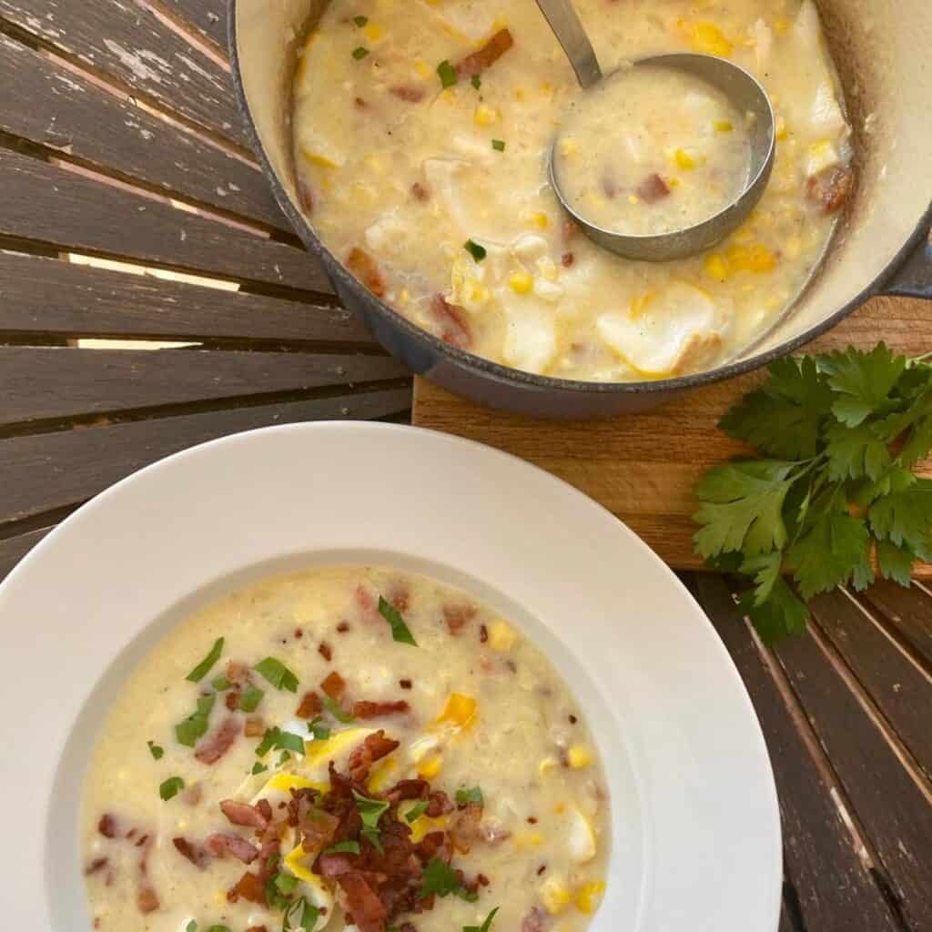 corn chowder with smoked haddock and bacon