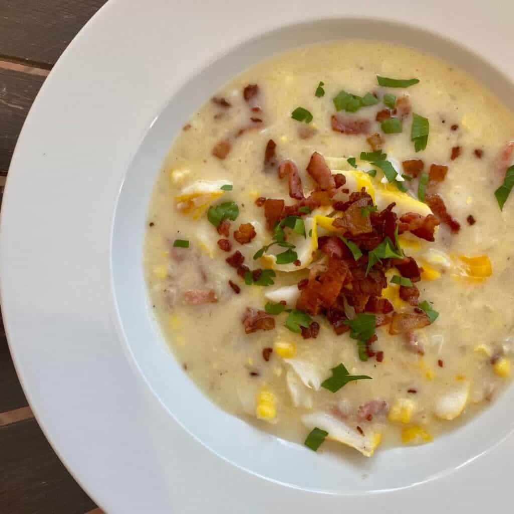 smoked haddock and corn chowder with crispy bacon