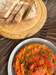 smoked paprika hummus with roasted red peppers with ciabatta bread