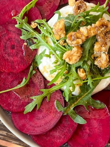 beetroot carpaccio and whipped goat cheese salad with caramelised walnuts
