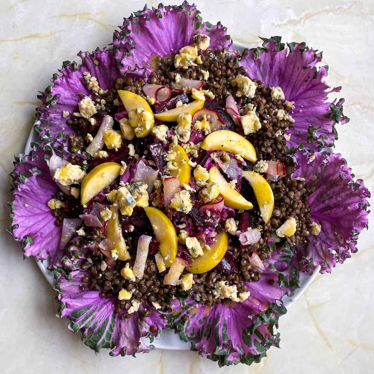 Purple Kale Salad With Lentils, Apple, Roasted Beets & Blue Cheese