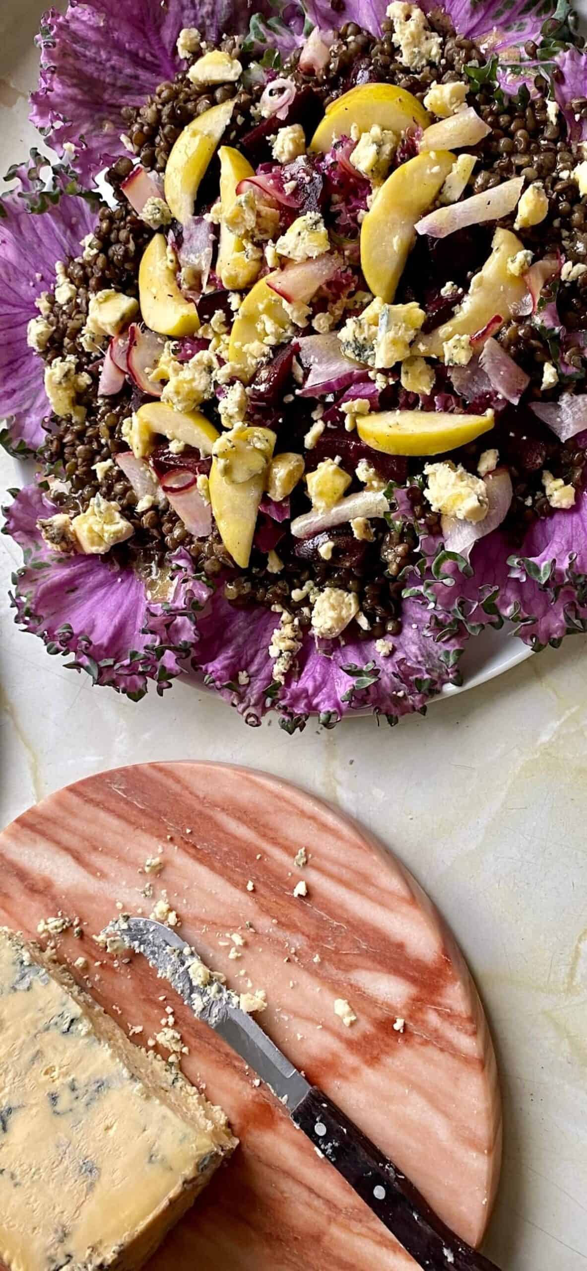 Serve the purple kale salad with blue cheese crumbled over the top 