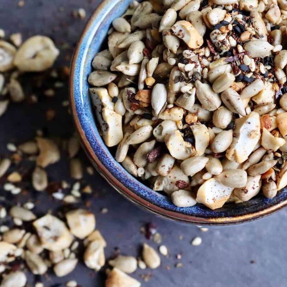 Close up of the spicy seed and nut mix in this crunchy salad topper 