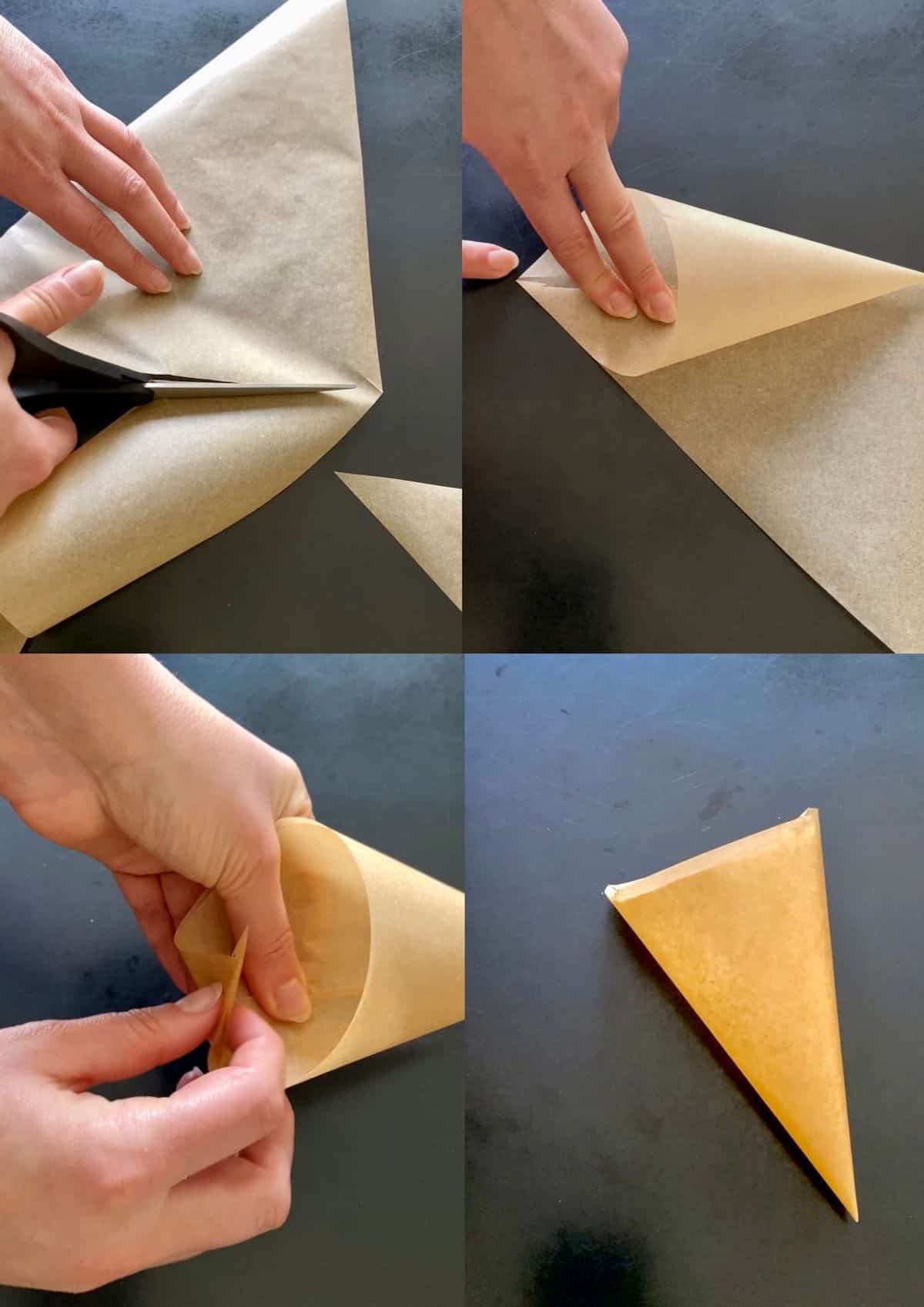 A demonstration of how to make a piping bag for melted chocolate using a triangle shaped piece of baking paper and rolling it into a cone shape