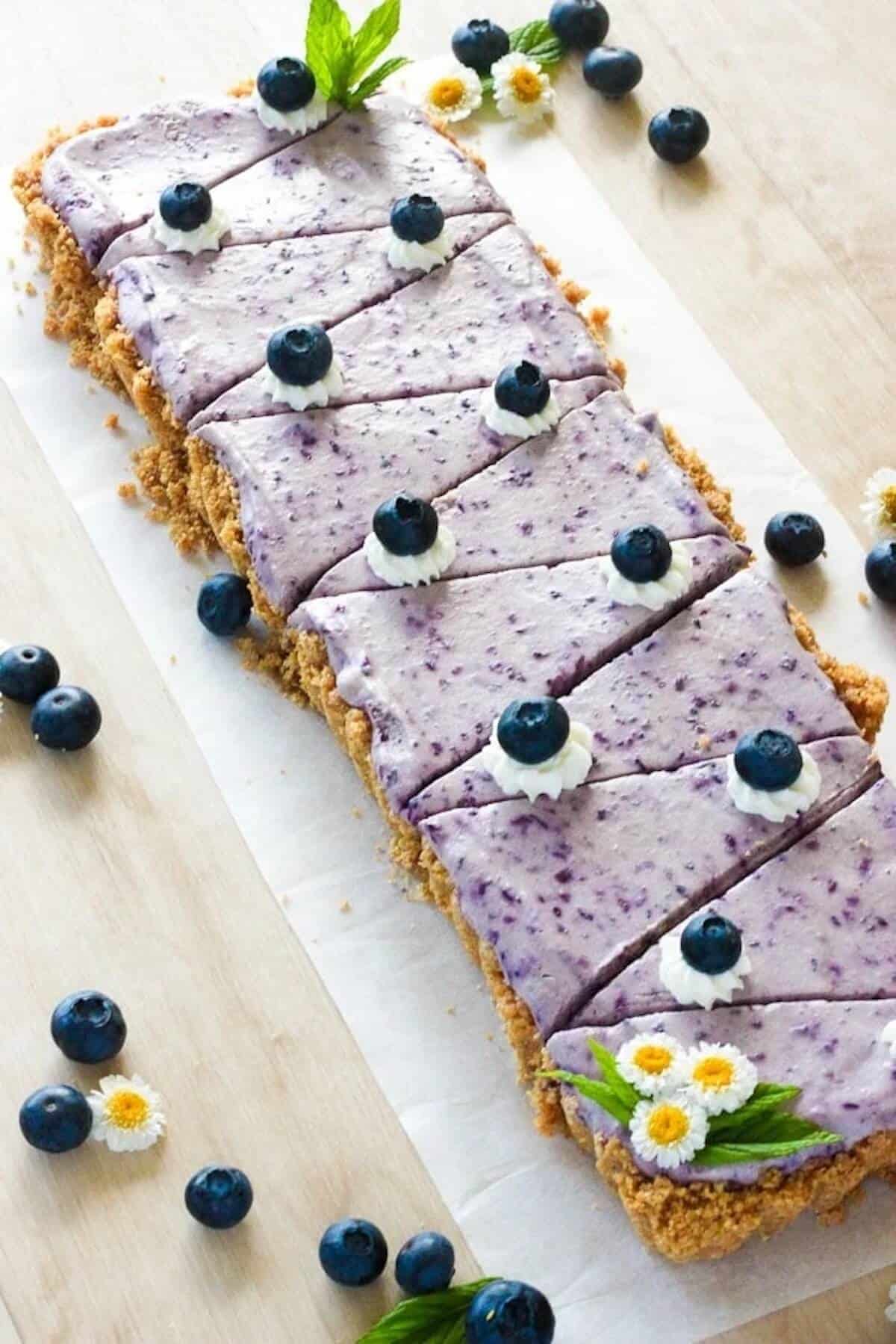 A serving platter with slices of blueberry cheesecake.