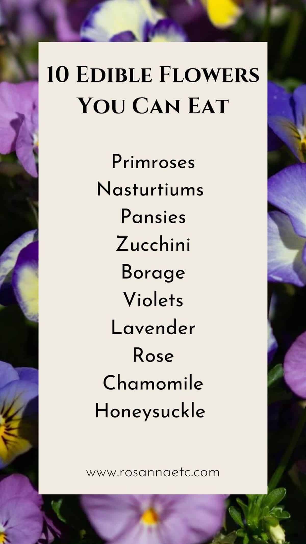 A photo of pansies with overlaid text listing 10 types of edible flowers: Primroses, nasturtiums, pansies, zucchini, borage, violets, lavender, rose and chamomile. 