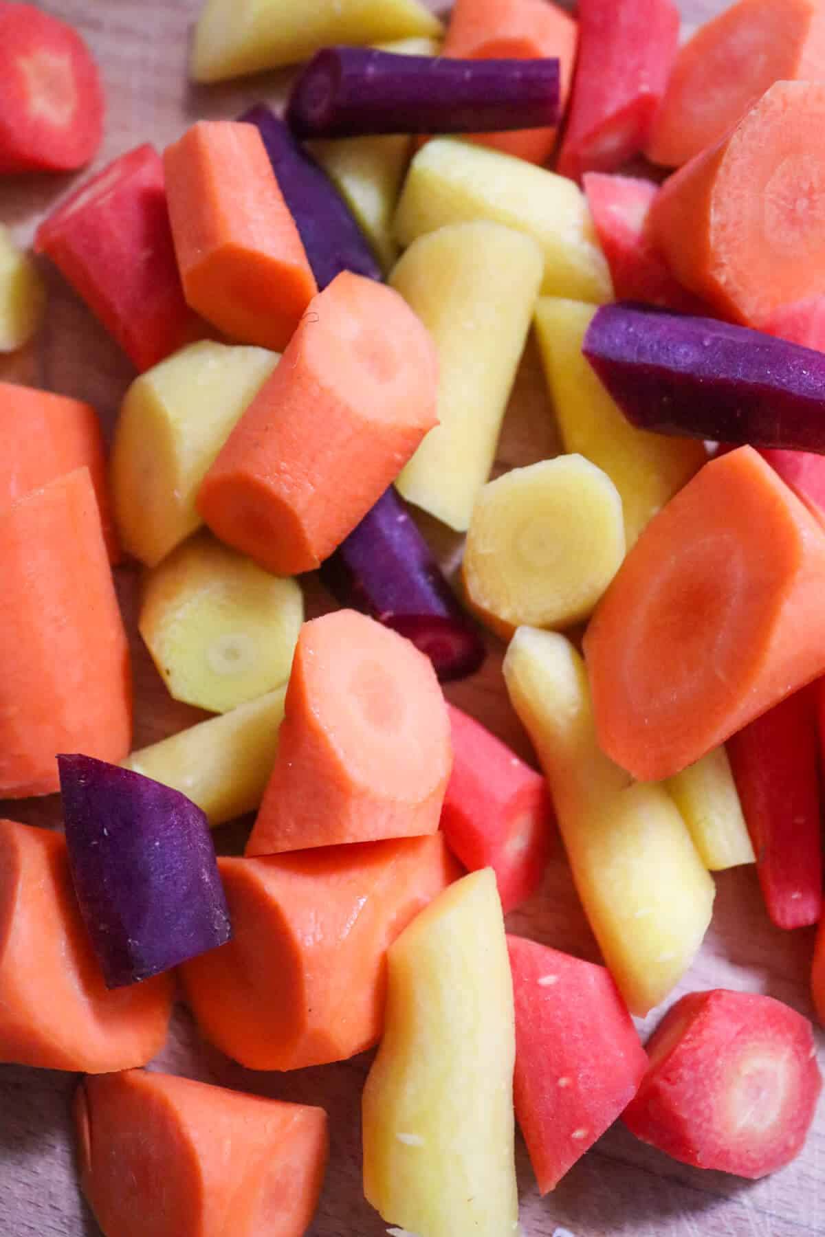 Rainbow carrots cut into pieces. 