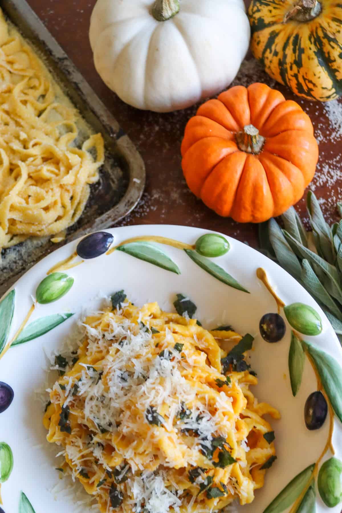 a decorative pasta bowl filled with fresh tagliatelle with a pumpkin pasta sauce.