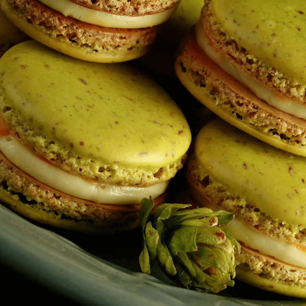 Green hoppy citrus fall macarons on a serving plate.