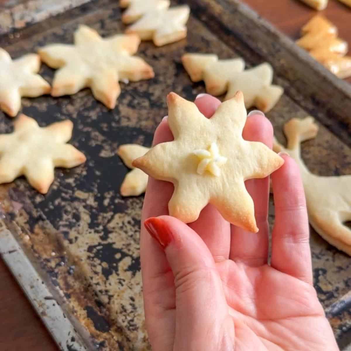 A star shaped Christmas cookie with buttercream frosting piped onto it. 