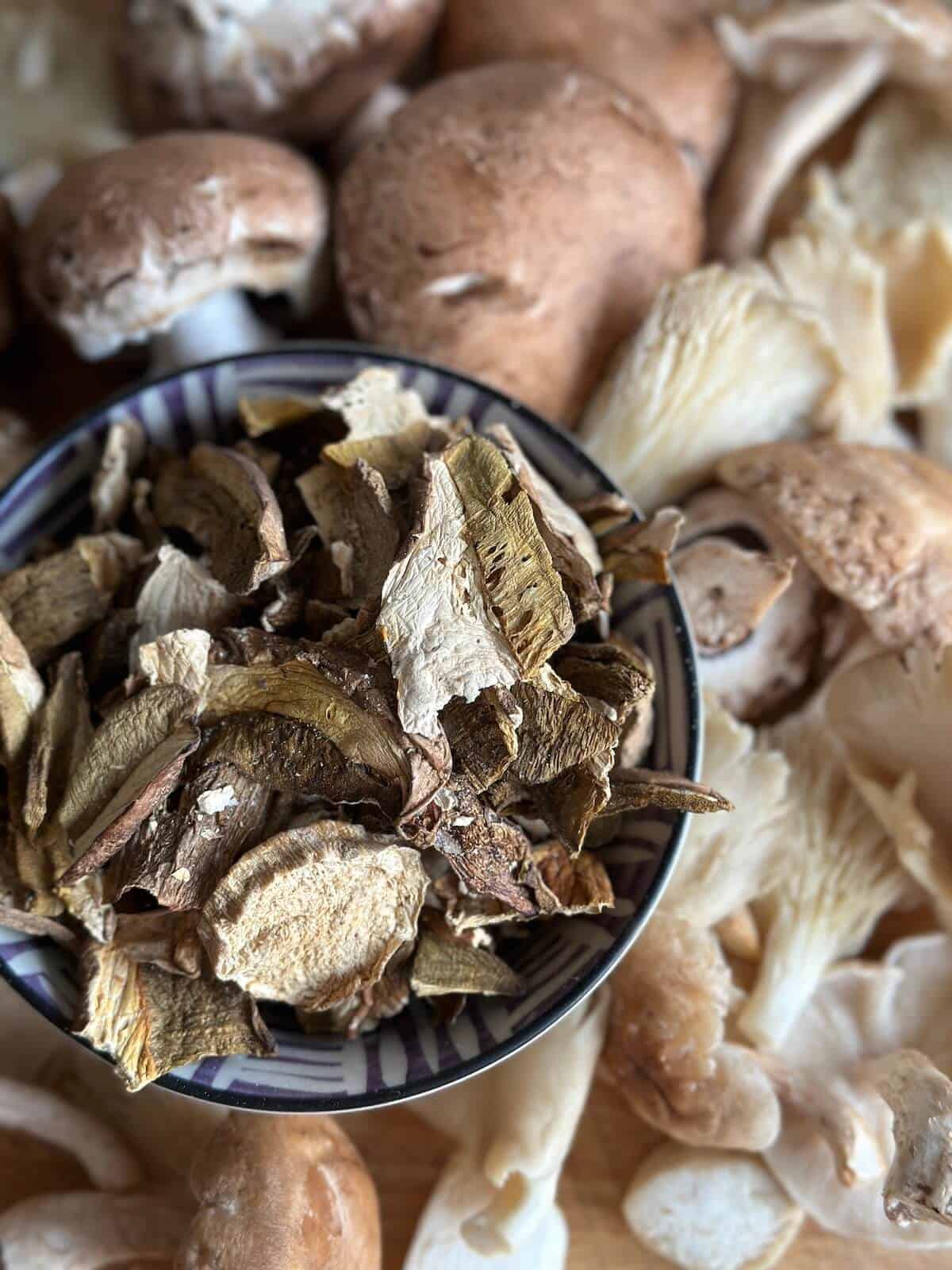 Dried Porcini mushrooms in a bowl. 