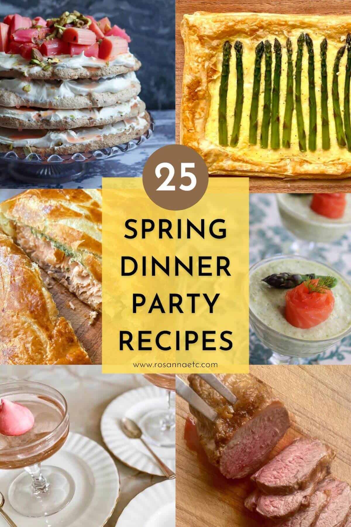Image shows several Spring dinner party recipes.