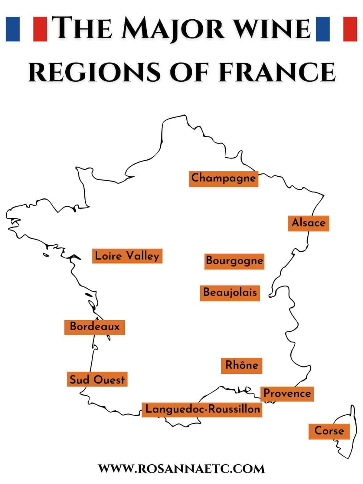 A map of France showing the major wine regions and their locations. 