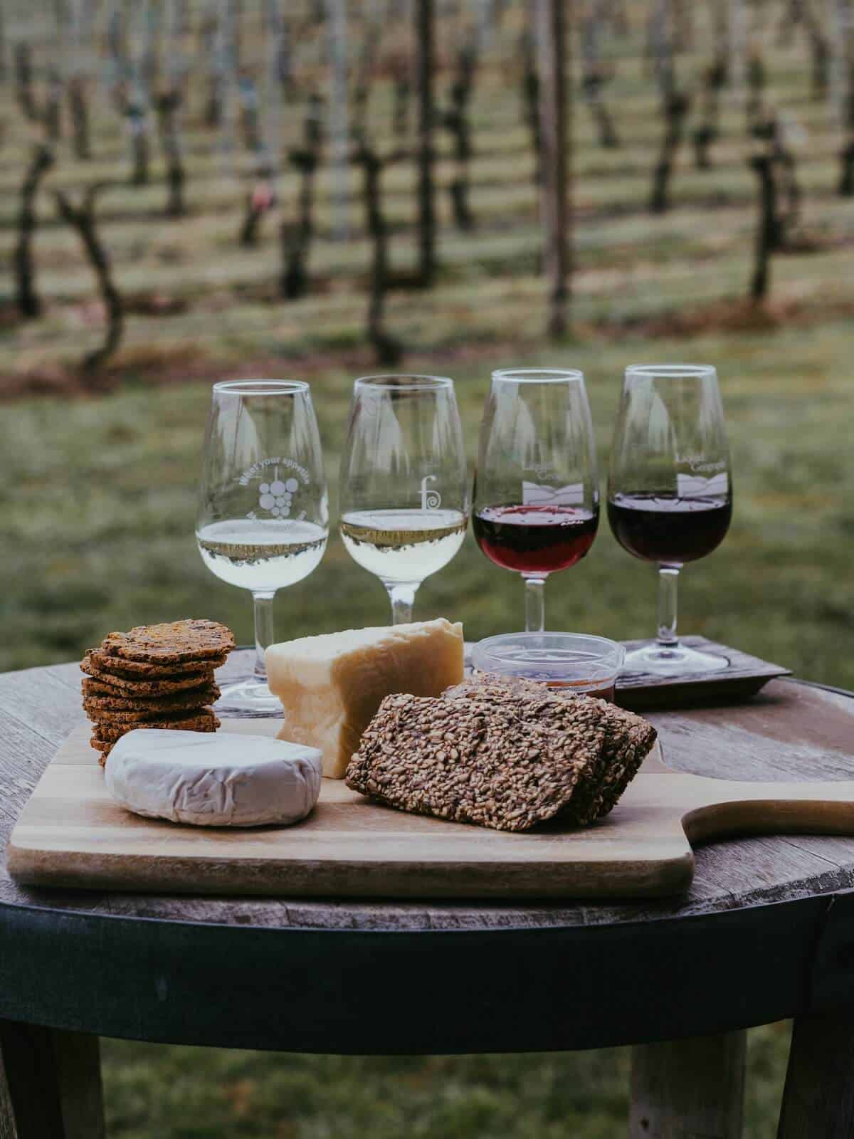 A table with a selection of French wines and cheese with a vineyard in the background.