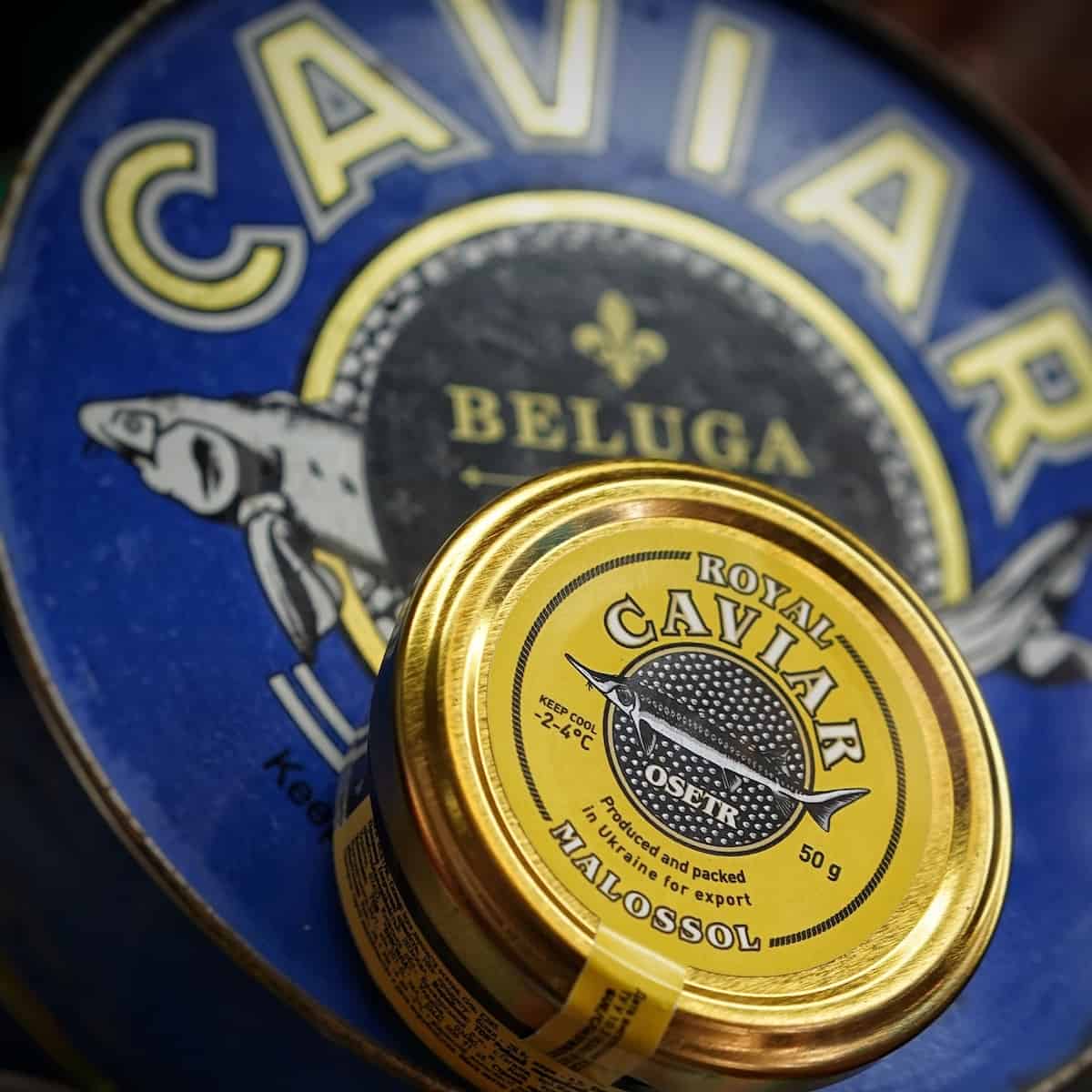 A-tin-of-Osetra-caviar-on-top-of-a-tin-of-beluga-caviar.