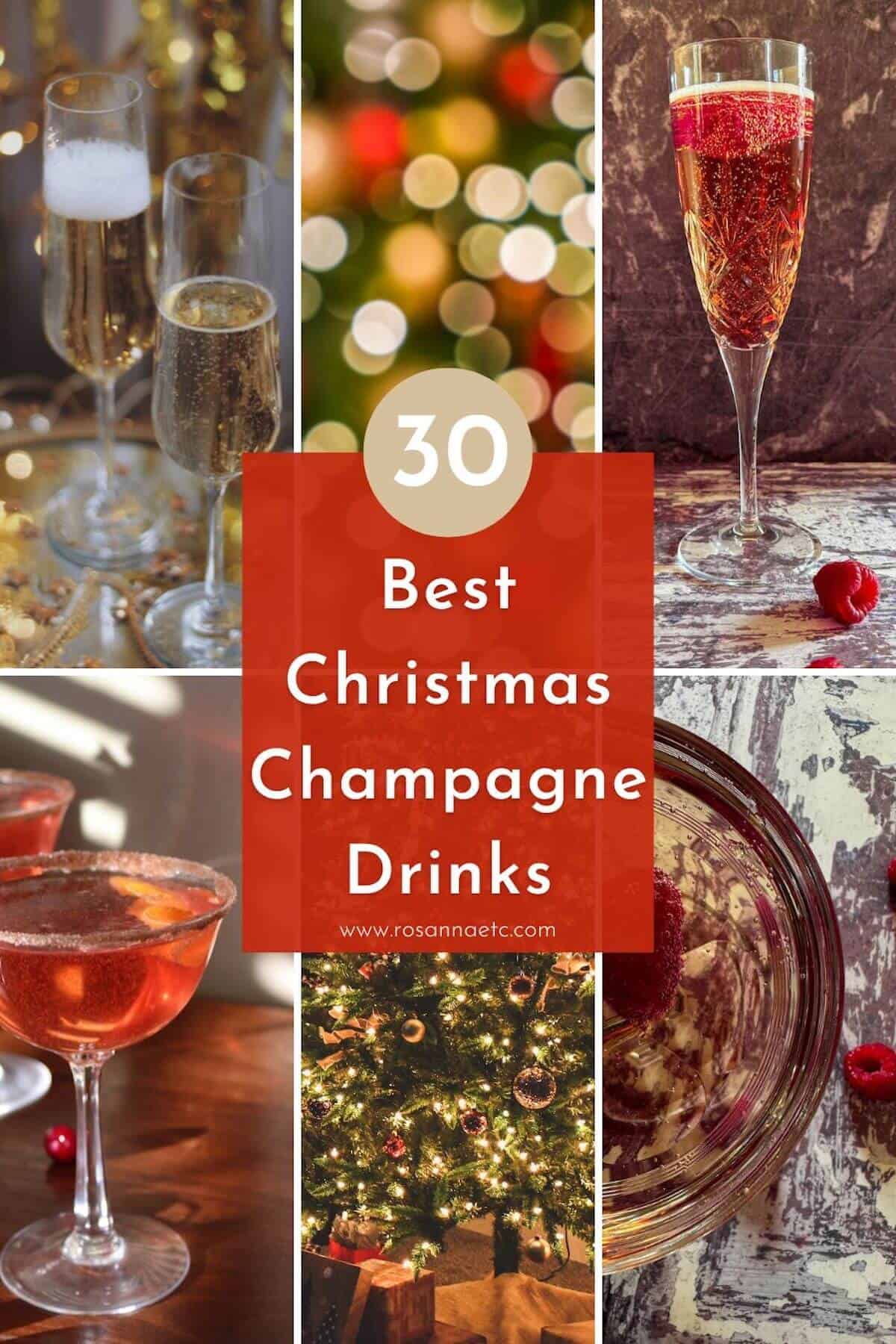 Image shows a collage of Christmas champagne drinks and festive scenes. 