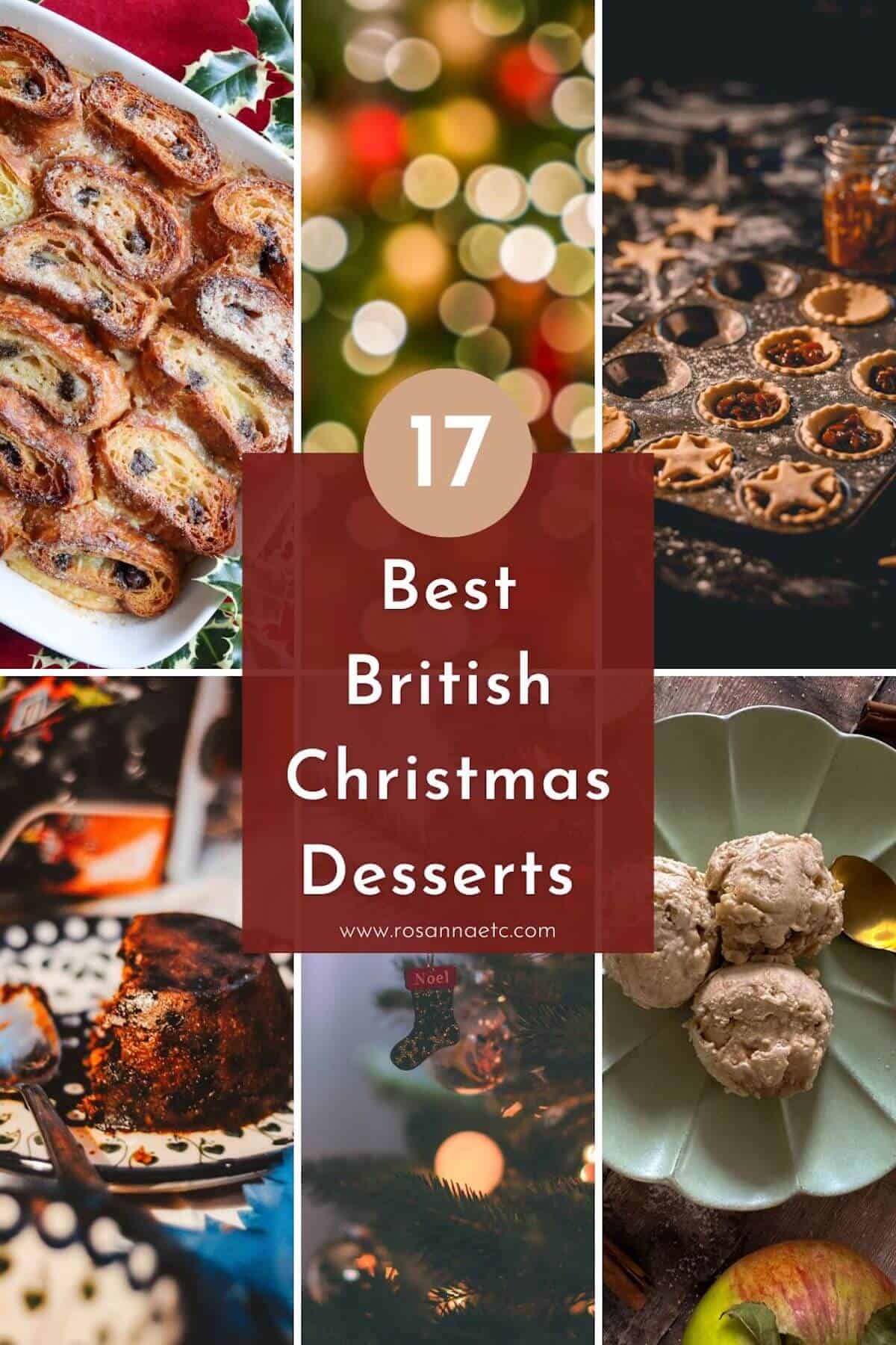 Collage of British Christmas desserts including mince pies, Christmas pudding and ice cream.