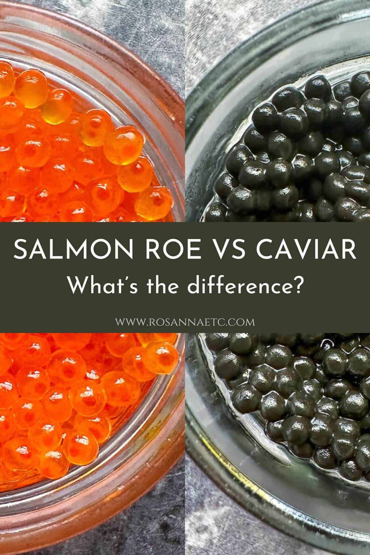 Two pots of salmon roe and caviar next to each other with text overlay.