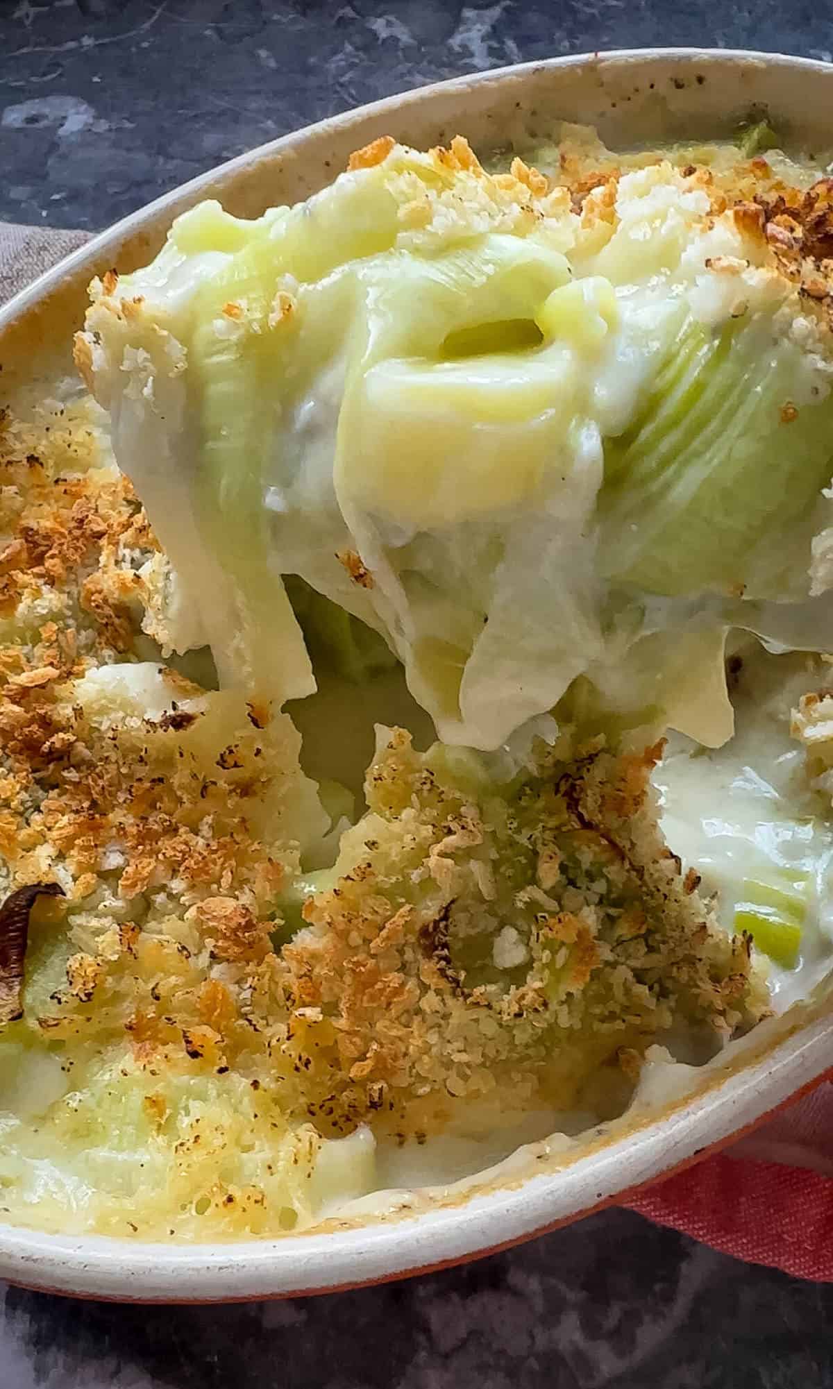 A large spoonful of creamy, cheesy leeks au gratin with crispy panko topping. 