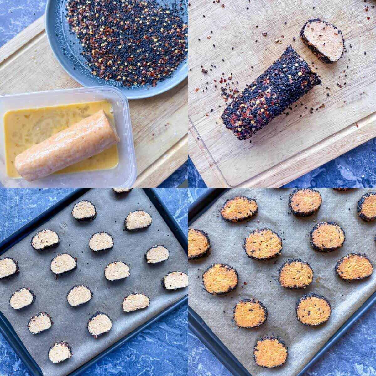 Process image showing how to coat the parmesan cheese cookie dough in seeds, slice up and bake. 