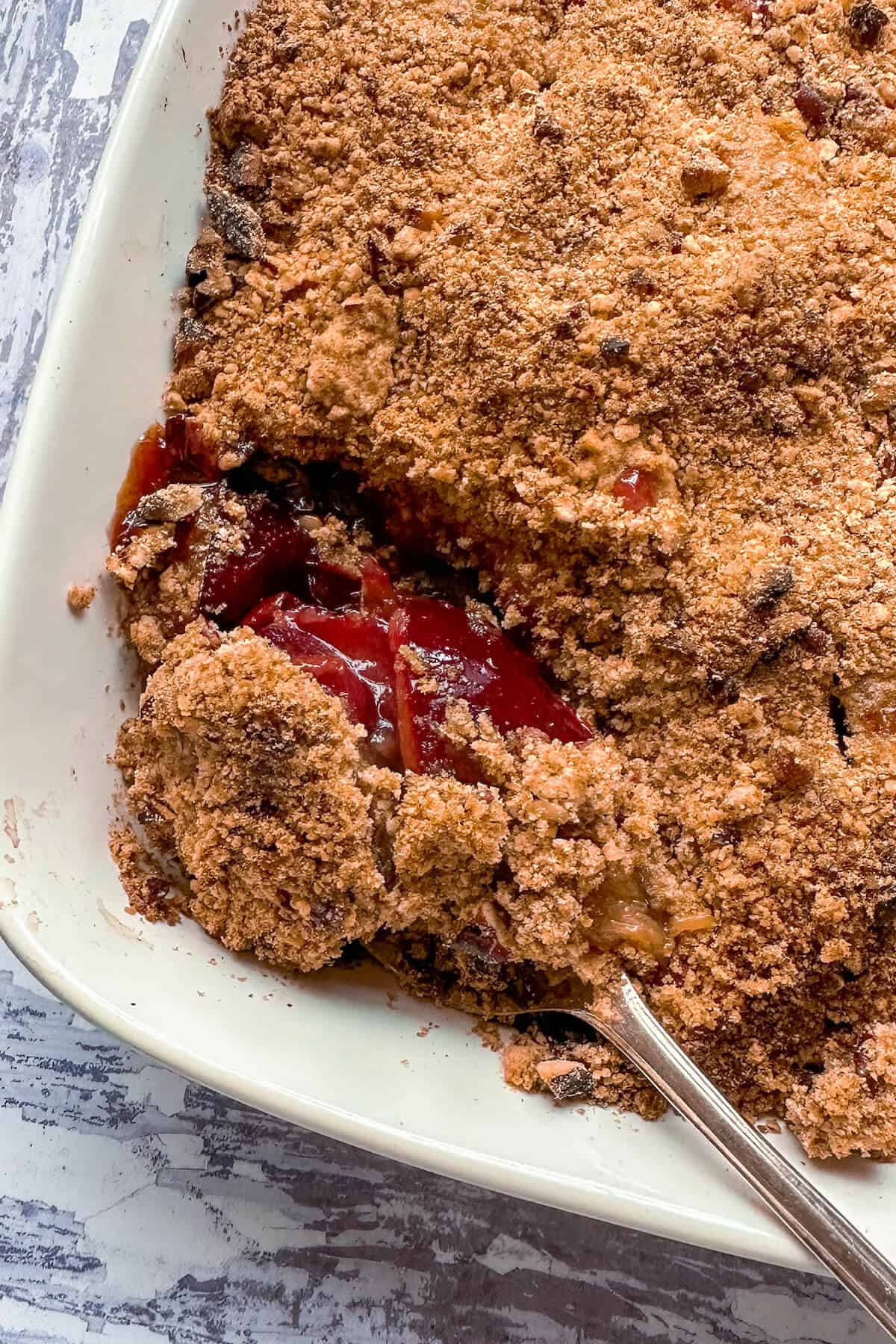 Easy plum crumble recipe with nutty pecan crisp topping.