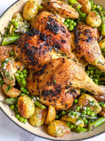 Roasted citrus and herb spatchcock chicken in a shallow dish surrounded by spring vegetables.
