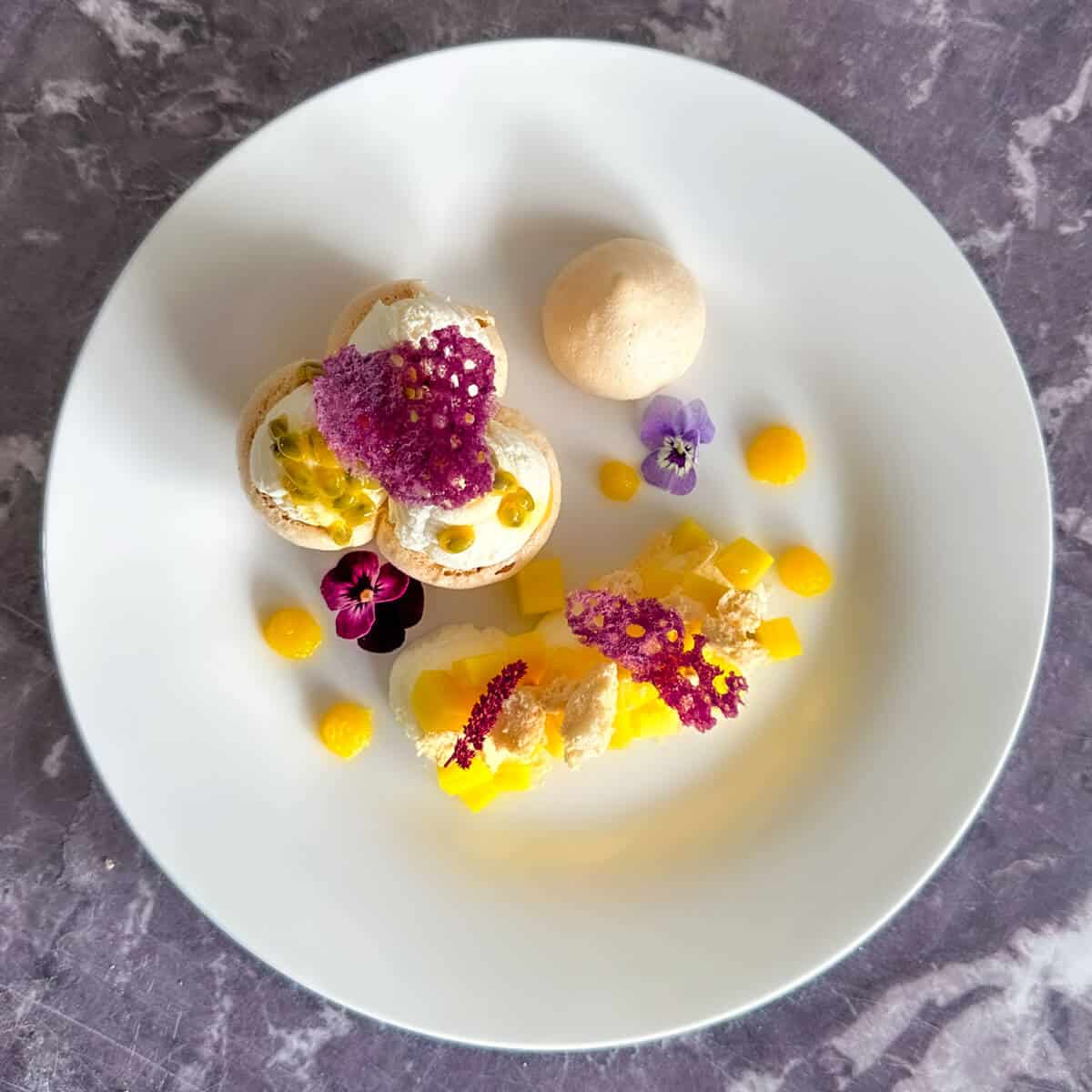 A plate of mango passion fruit eton mess garnished with edible flowers, coral tuile and fresh mango. 
