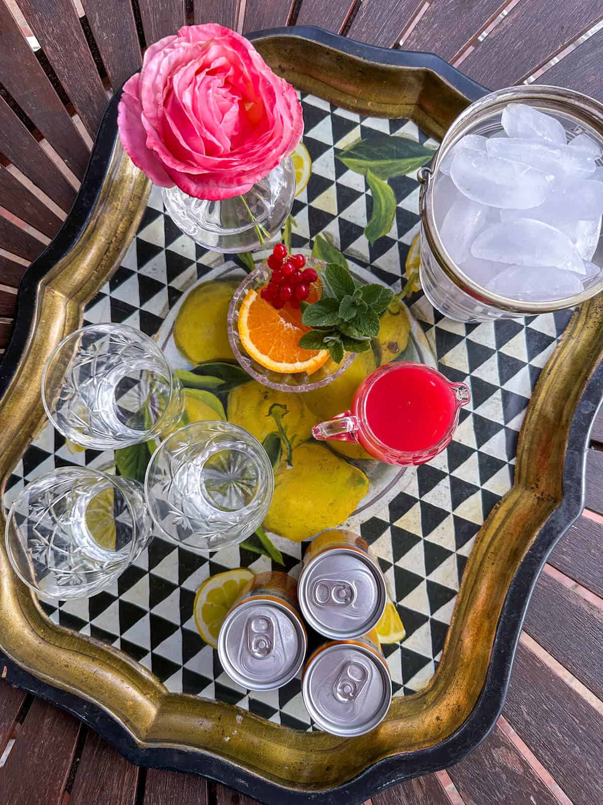 A tray of glasses, red currant cordial, ice, fruit garnish and cans of ginger ale ready to be served. 