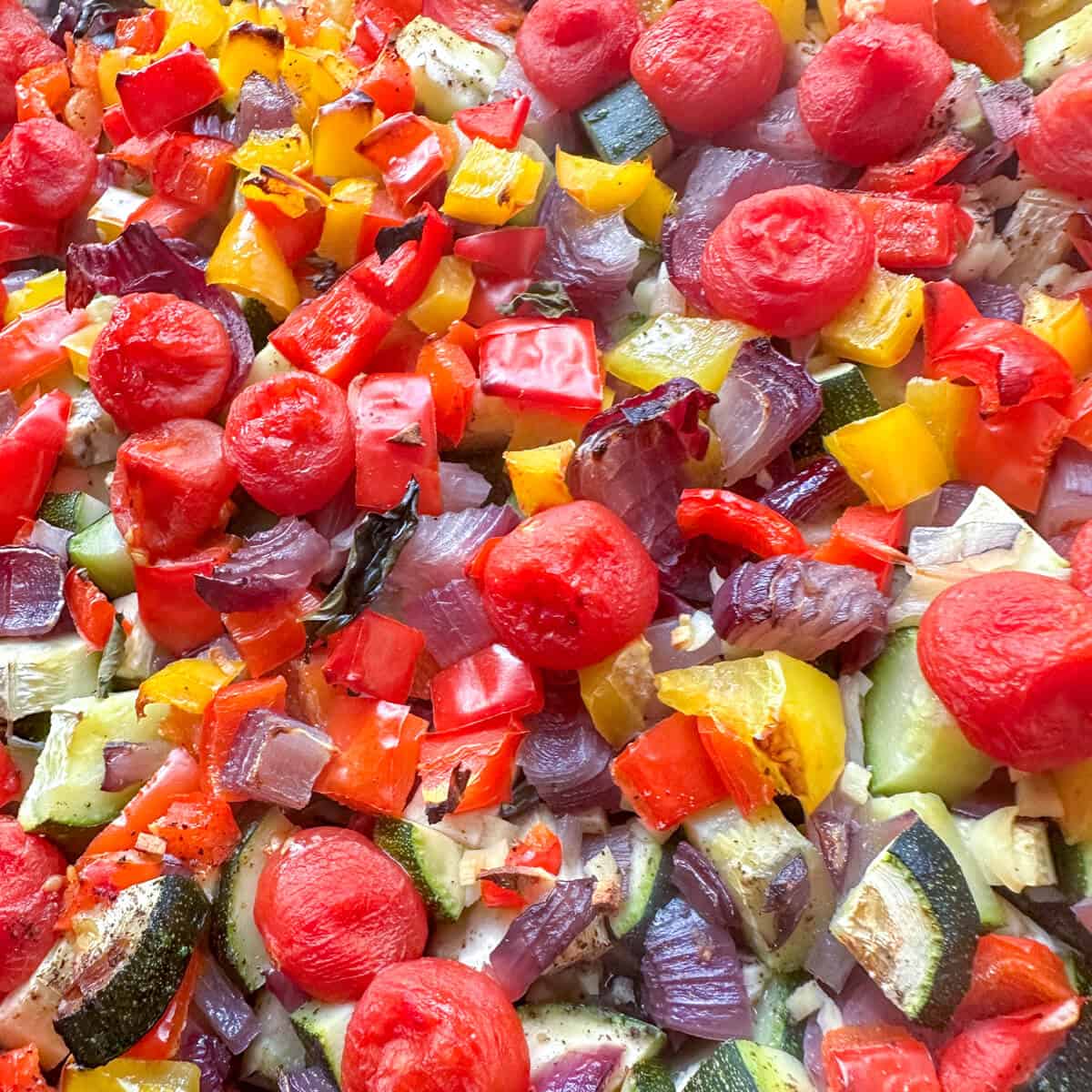 A close up of roasted ratatouille vegetables. 