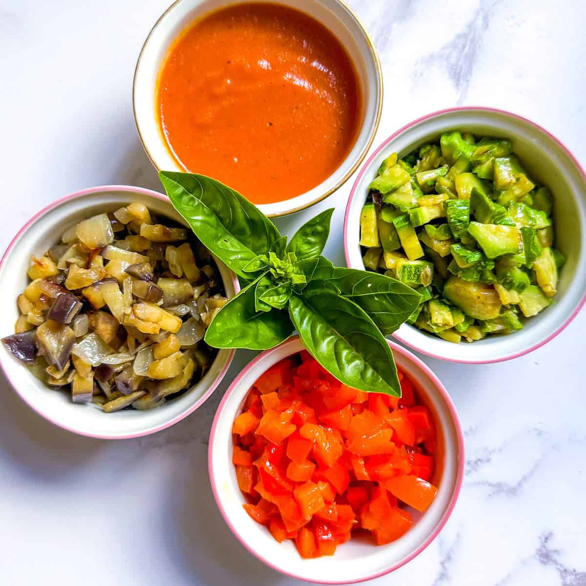 Ingredients for gourmet ratatouille in small pots: roasted tomato puree, courgette, aubergine, onion and red bell pepper.