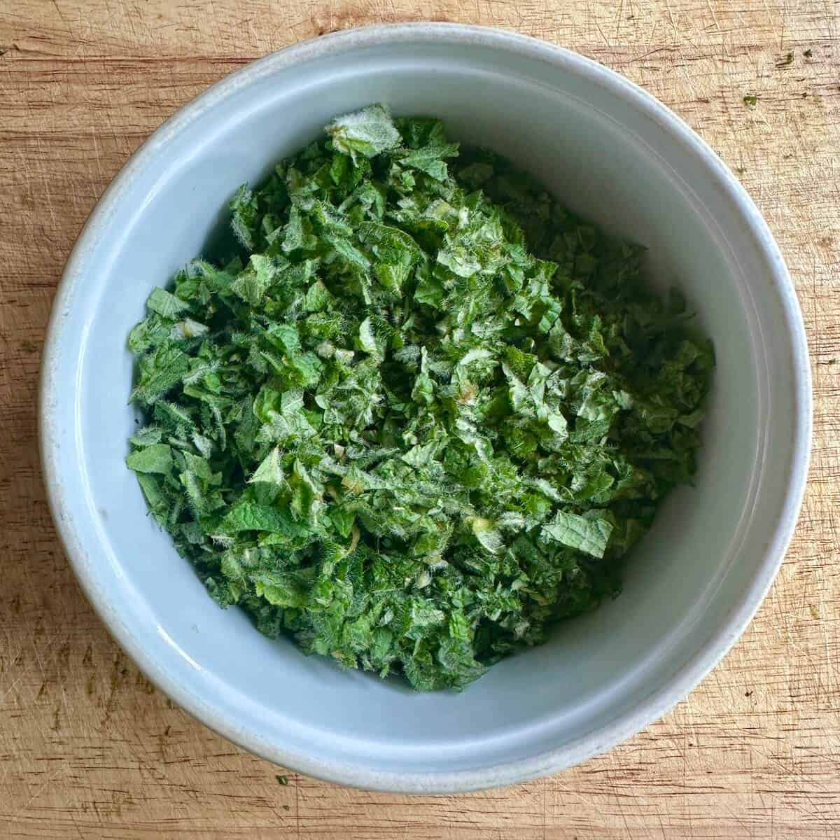 Chopped mint in a bowl. 
