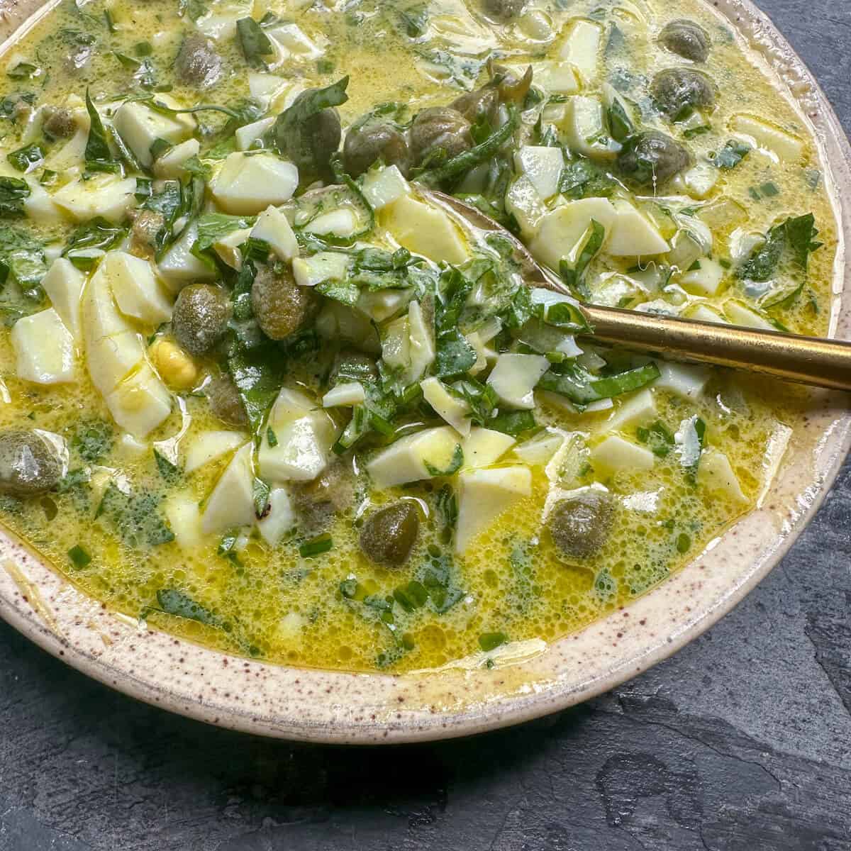 Boiled egg vinaigrette in a bowl. 