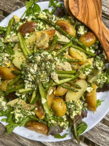 Artichoke, potato asparagus salad with boiled egg vinaigrette.