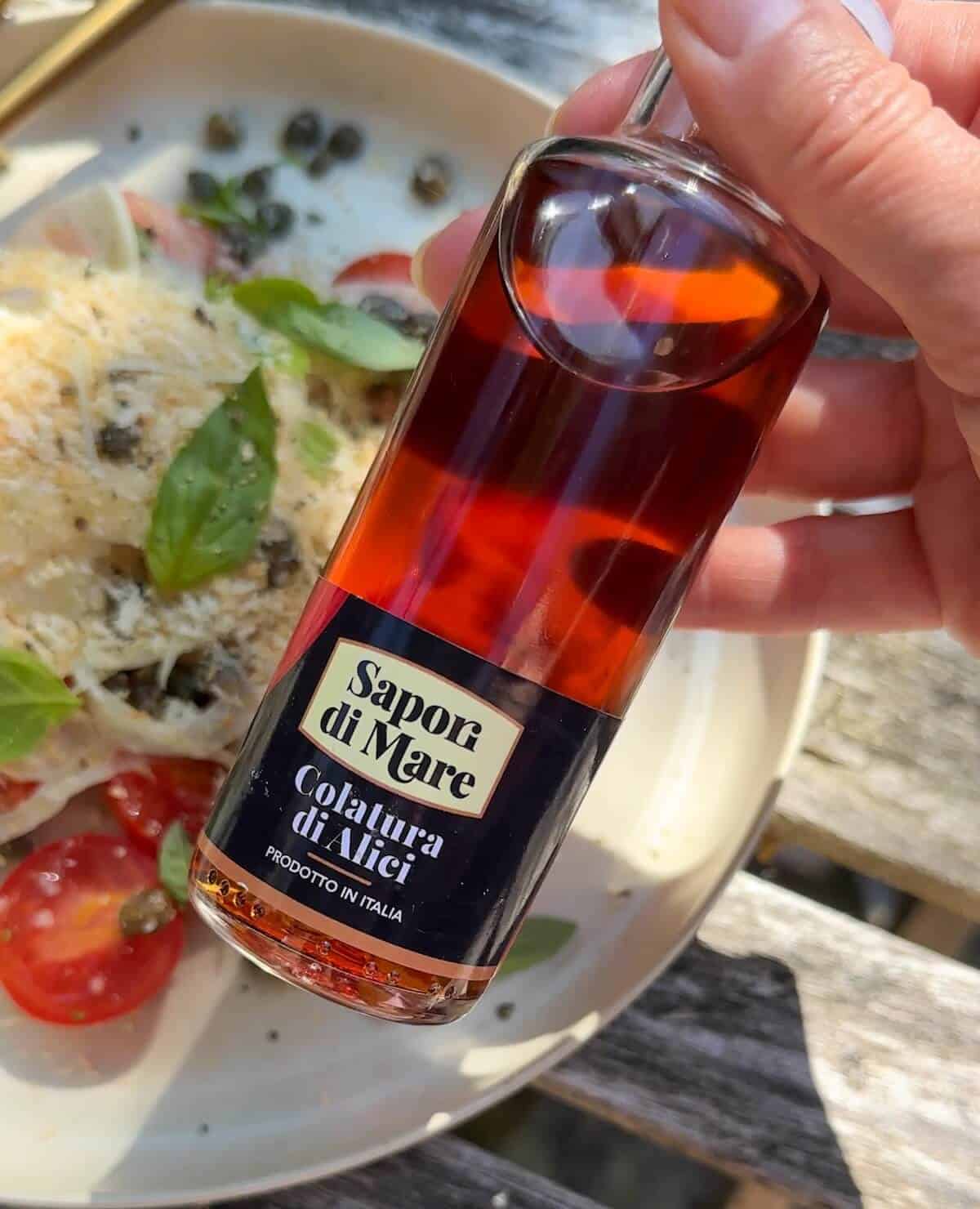 A bottle of Italian colatura di alici.