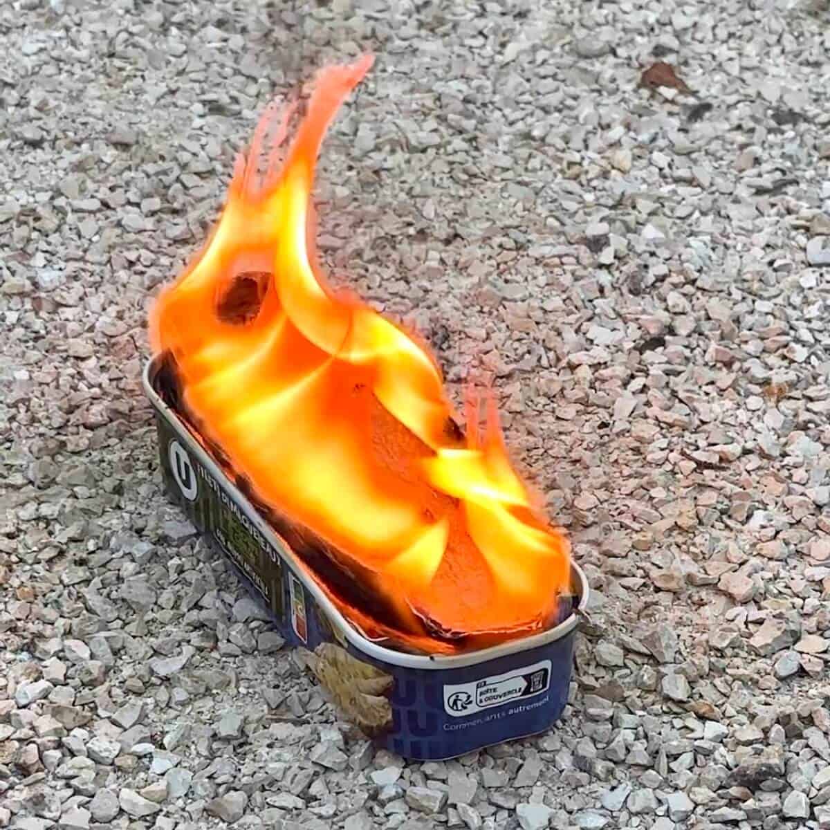 Tinned fish fire roasting with a paper towel alight on top.