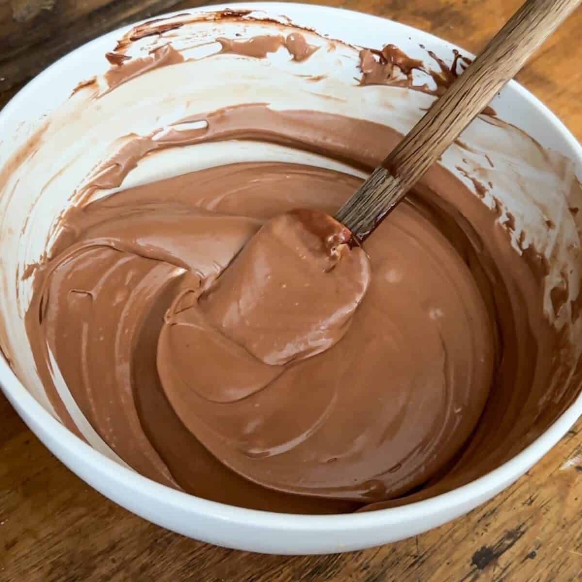 A mixing bowl of silky chocolate olive oil mousse.