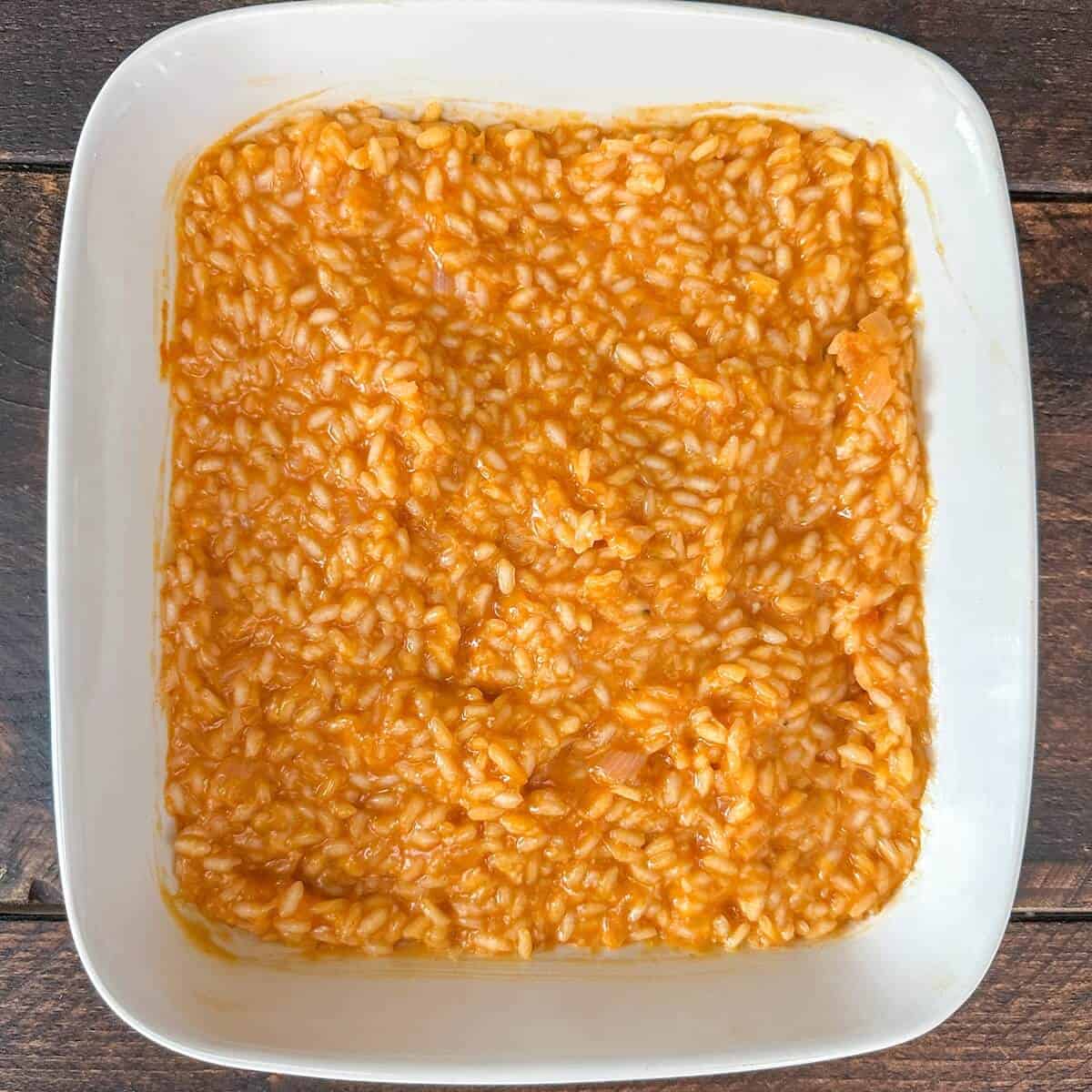 Cooked risotto in a shallow dish.