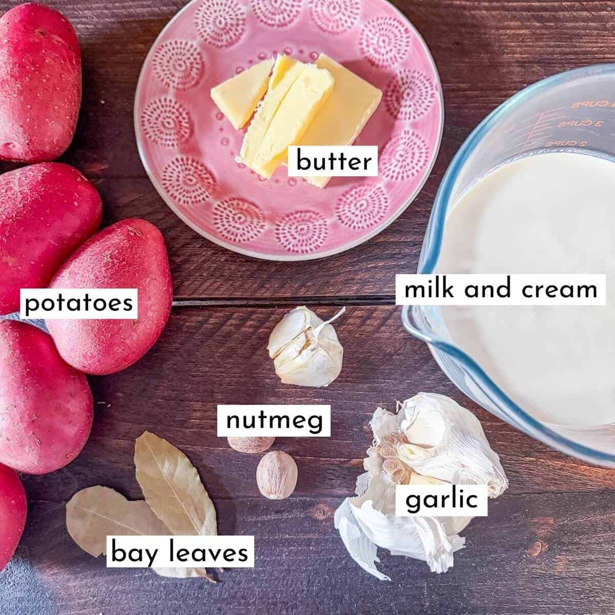 A labelled image of the ingredients for Dauphinoise Potatoes.