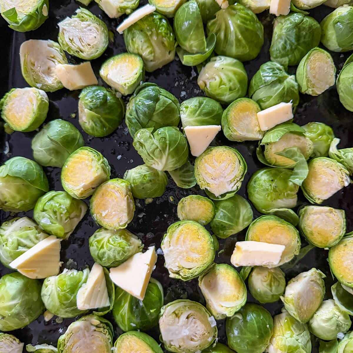 A tray of raw brussels sprouts.