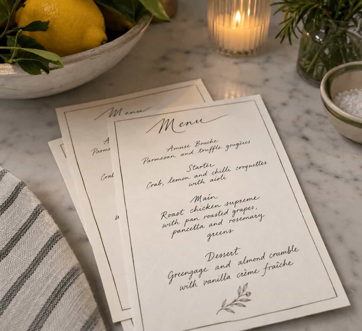 A photo of printed menu cards designed by AI for a dinner party.