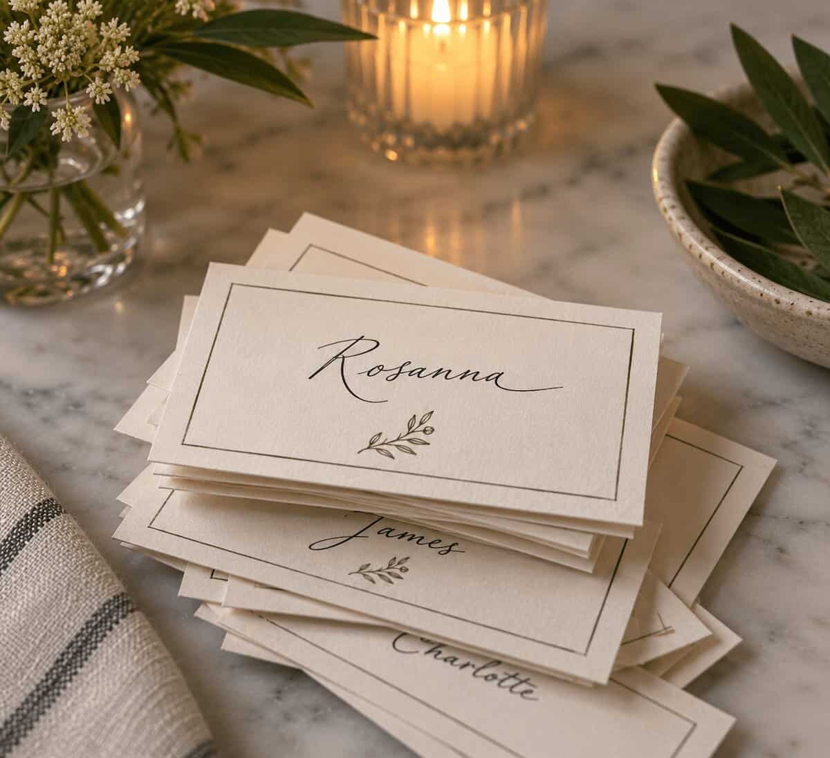 A photo of placement cards on a kitchen counter.